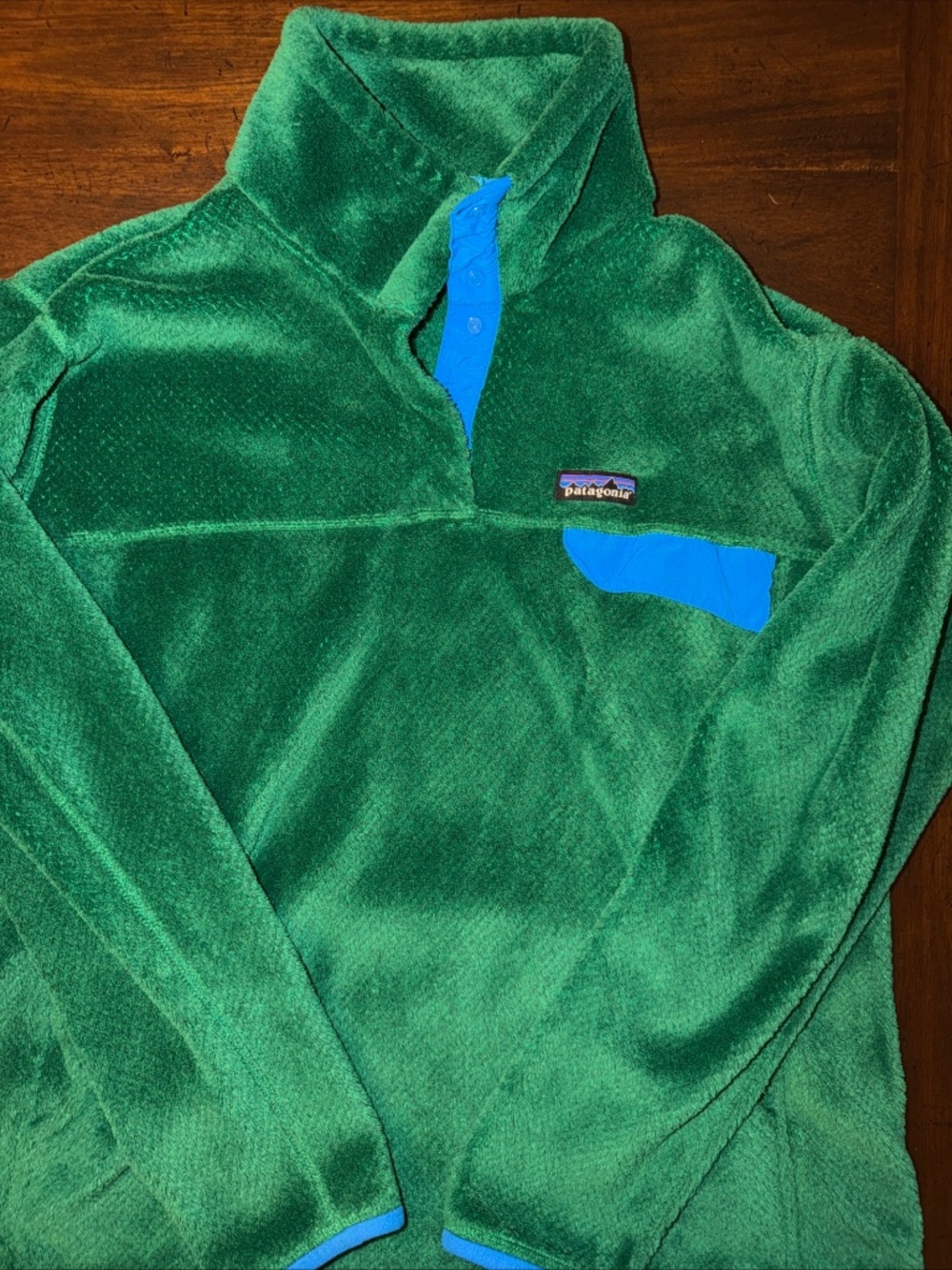 Women’s Patagonia Re-Tool Snap-T Fleece Pullover SZ XL Gorpcore Green Blue Trim